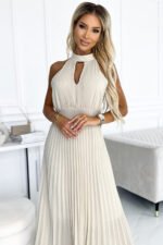 484-1 Pleated midi dress with a teardrop neckline - beige-2