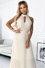 484-1 Pleated midi dress with a teardrop neckline - beige-4