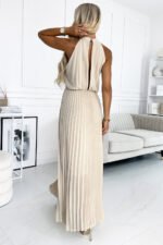 484-1 Pleated midi dress with a teardrop neckline - beige-3