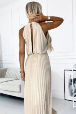 484-1 Pleated midi dress with a teardrop neckline - beige-5