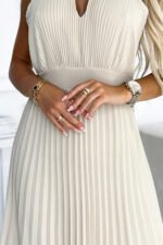 484-1 Pleated midi dress with a teardrop neckline - beige-6