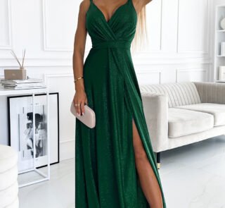 498-2 Long dress with a neckline and double straps - green with glitter-1
