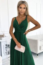 498-2 Long dress with a neckline and double straps - green with glitter-2