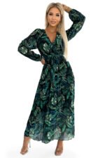 511-1 Pleated chiffon long dress with a neckline, long sleeves and a belt - green leaves-7