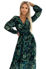 511-1 Pleated chiffon long dress with a neckline, long sleeves and a belt - green leaves-8