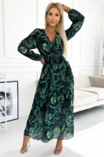 511-1 Pleated chiffon long dress with a neckline, long sleeves and a belt - green leaves-1