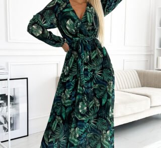 511-1 Pleated chiffon long dress with a neckline, long sleeves and a belt - green leaves-1