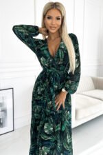 511-1 Pleated chiffon long dress with a neckline, long sleeves and a belt - green leaves-2