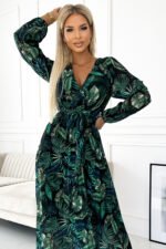511-1 Pleated chiffon long dress with a neckline, long sleeves and a belt - green leaves-4