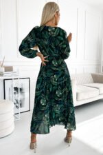 511-1 Pleated chiffon long dress with a neckline, long sleeves and a belt - green leaves-3
