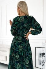 511-1 Pleated chiffon long dress with a neckline, long sleeves and a belt - green leaves-5