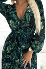 511-1 Pleated chiffon long dress with a neckline, long sleeves and a belt - green leaves-6