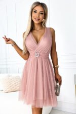 525-2 OLGA tulle dress with a neckline and decorative buckle - dirty pink-4