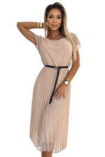 548-1 Pleated midi dress with a black belt - beige-7