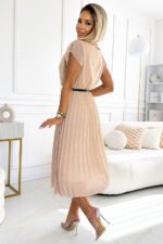 548-1 Pleated midi dress with a black belt - beige-3