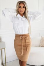578-2 Unique long sleeve business blouse with ties and buttons - white with a silver pattern-8