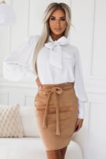 578-2 Unique long sleeve business blouse with ties and buttons - white with a silver pattern-10