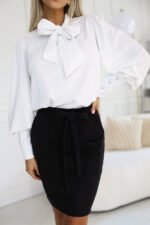 578-2 Unique long sleeve business blouse with ties and buttons - white with a silver pattern-3