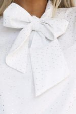 578-2 Unique long sleeve business blouse with ties and buttons - white with a silver pattern-11