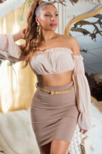 616-1 High-Waist Fitted Skirt with Belt - Cappuccino-2