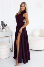 643-11 Elegant maxi evening gown with a slit and roses - ripe plum-8
