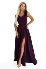 643-11 Elegant maxi evening gown with a slit and roses - ripe plum-10