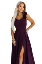 643-11 Elegant maxi evening gown with a slit and roses - ripe plum-11
