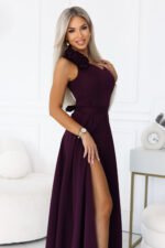643-11 Elegant maxi evening gown with a slit and roses - ripe plum-4