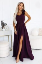 643-11 Elegant maxi evening gown with a slit and roses - ripe plum-1