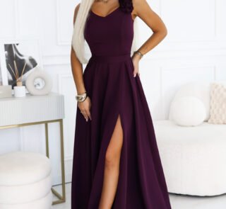 643-11 Elegant maxi evening gown with a slit and roses - ripe plum-1