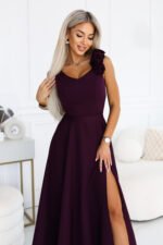 643-11 Elegant maxi evening gown with a slit and roses - ripe plum-2