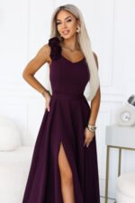 643-11 Elegant maxi evening gown with a slit and roses - ripe plum-6