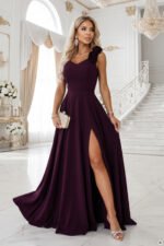 643-11 Elegant maxi evening gown with a slit and roses - ripe plum-5