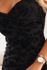 645-1 Fitted maxi dress with a wrap neckline and slit - black with an elegant pattern-6