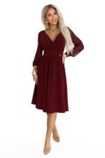 657-3 Elegant midi dress with a wrap neckline and tulle sleeves - burgundy-8