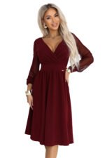 657-3 Elegant midi dress with a wrap neckline and tulle sleeves - burgundy-9