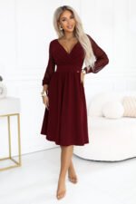 657-3 Elegant midi dress with a wrap neckline and tulle sleeves - burgundy-3