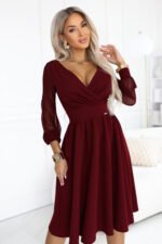 657-3 Elegant midi dress with a wrap neckline and tulle sleeves - burgundy-2