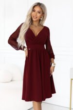 657-3 Elegant midi dress with a wrap neckline and tulle sleeves - burgundy-5