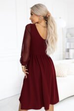 657-3 Elegant midi dress with a wrap neckline and tulle sleeves - burgundy-4