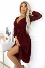 657-3 Elegant midi dress with a wrap neckline and tulle sleeves - burgundy-1