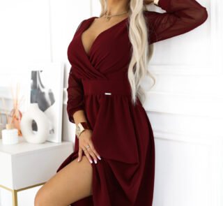 657-3 Elegant midi dress with a wrap neckline and tulle sleeves - burgundy-1