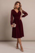 657-3 Elegant midi dress with a wrap neckline and tulle sleeves - burgundy-6