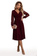 657-3 Elegant midi dress with a wrap neckline and tulle sleeves - burgundy-10