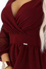657-3 Elegant midi dress with a wrap neckline and tulle sleeves - burgundy-7