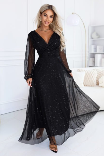 683-1 Tulle maxi dress with glitter and a wrap neckline - black-1
