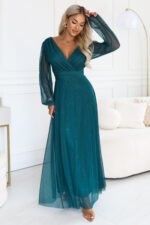 683-2 Tulle maxi dress with glitter and a wrap neckline - bottle green-1