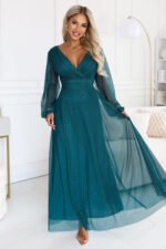 683-2 Tulle maxi dress with glitter and a wrap neckline - bottle green-4