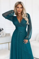 683-2 Tulle maxi dress with glitter and a wrap neckline - bottle green-2