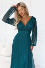 683-2 Tulle maxi dress with glitter and a wrap neckline - bottle green-5